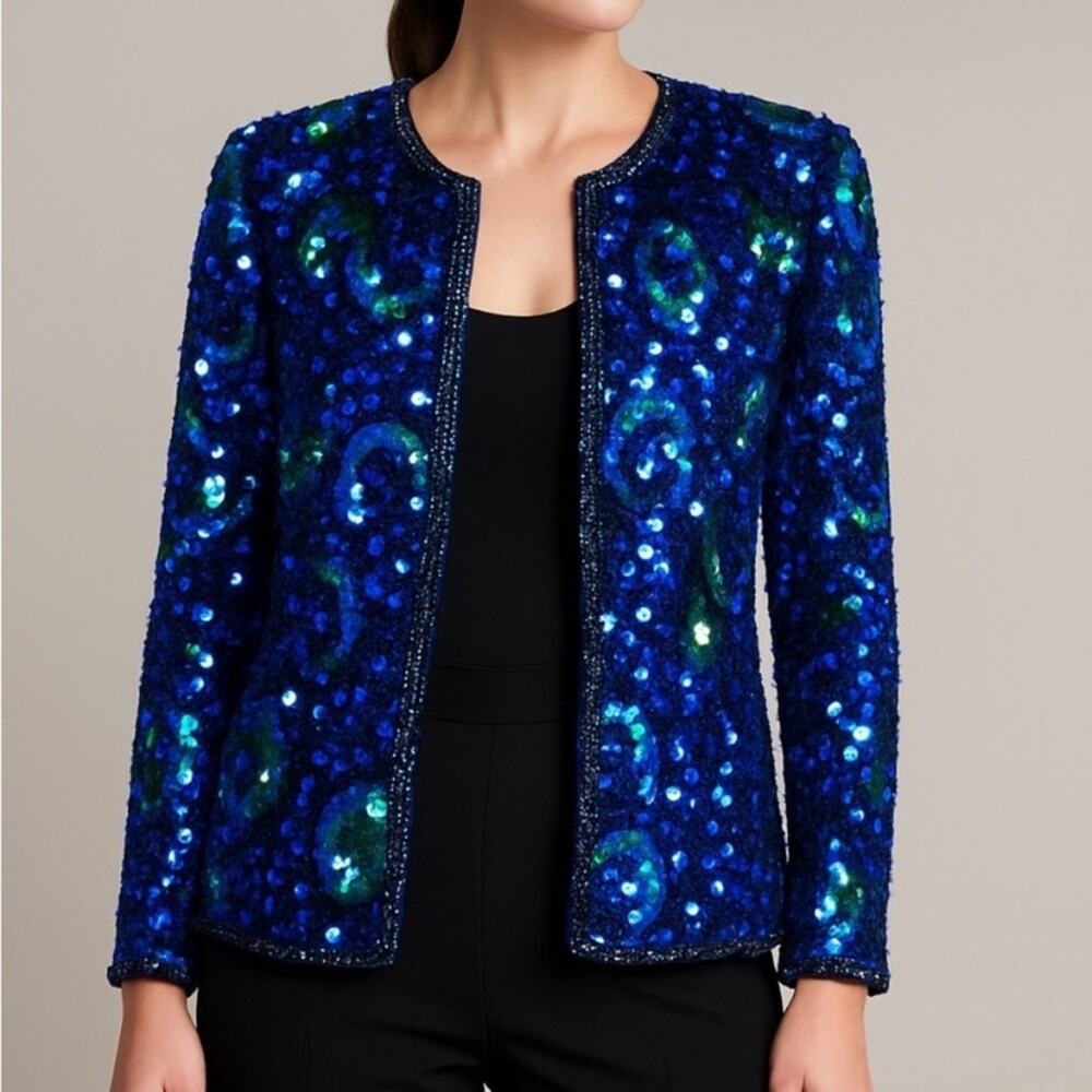 Laurence Kazar Sequin Embellished Beaded Blue Green Jacket Blazer size large